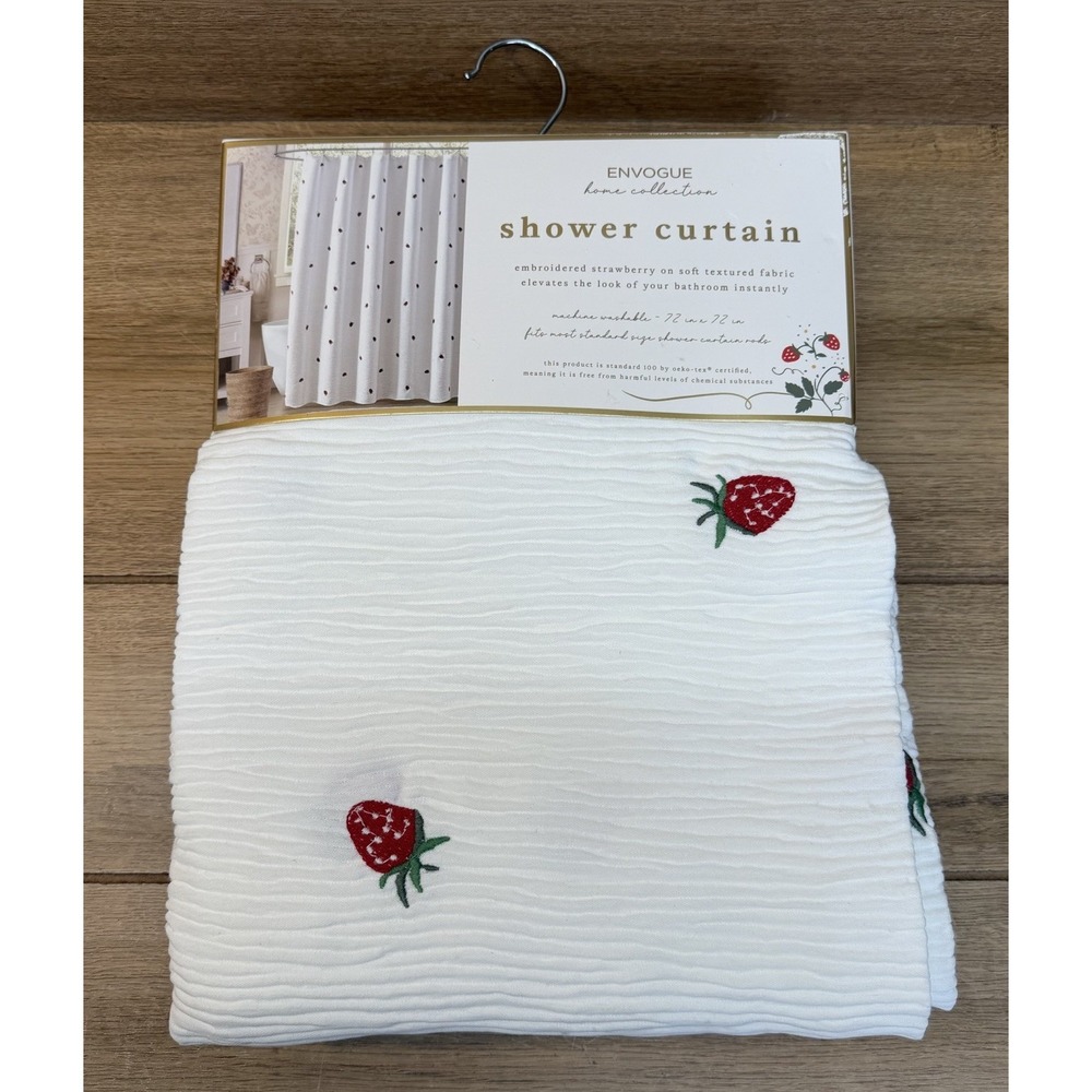 Envogue | 72x72 | White | Embroidered Strawberry Textured Fabric Shower Curtain